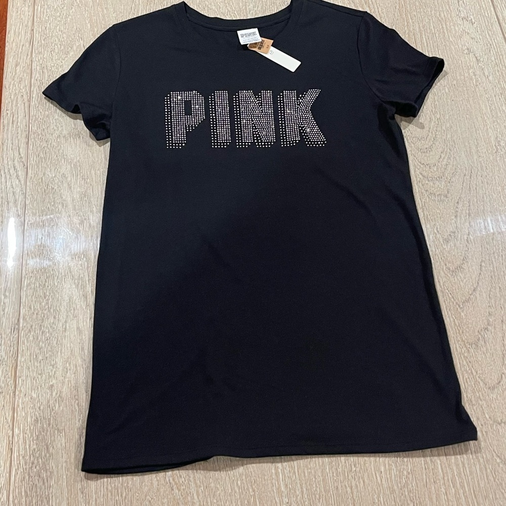 Black T-Shirt with Pink Rhinestone Design